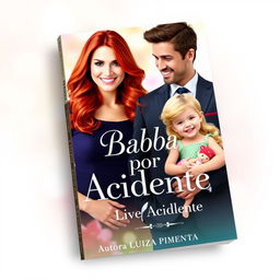 A beautiful ebook cover for 'Babá por Acidente' featuring a stunning red-haired woman and an attractive man in a stylish suit, along with a charming young blonde girl