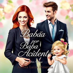 A beautiful ebook cover for 'Babá por Acidente' featuring a stunning red-haired woman and an attractive man in a stylish suit, along with a charming young blonde girl