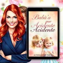 A beautiful ebook cover for 'Babá por Acidente' featuring a stunning red-haired woman and an attractive man in a stylish suit, along with a charming young blonde girl