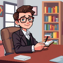 A pixel art representation of a psychologist wearing stylish glasses, looking directly at us while sitting at a desk and taking notes on a notepad