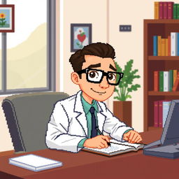 A pixel art representation of a psychologist wearing stylish glasses, looking directly at us while sitting at a desk and taking notes on a notepad