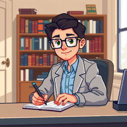 A pixel art representation of a psychologist wearing stylish glasses, looking directly at us while sitting at a desk and taking notes on a notepad