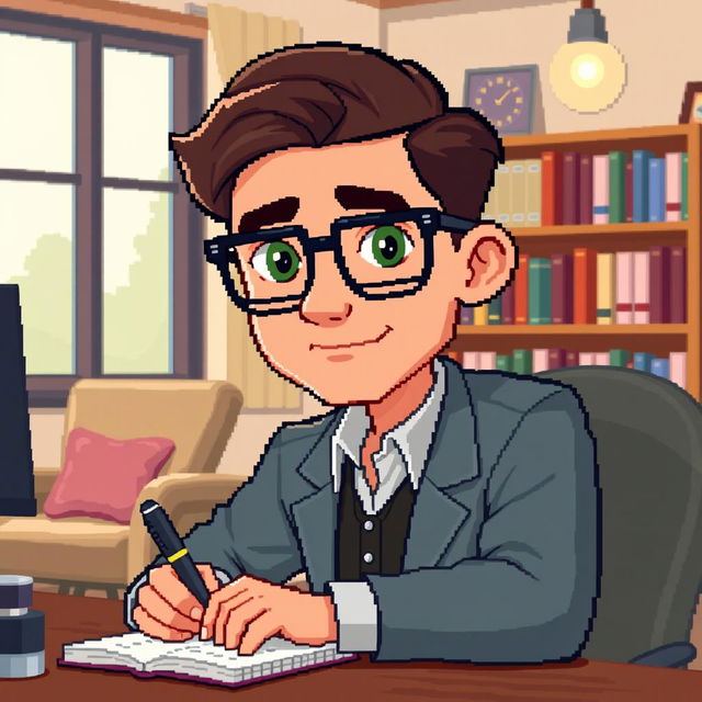 A pixel art representation of a psychologist wearing stylish glasses, looking directly at us while sitting at a desk and taking notes on a notepad