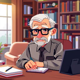 A pixel art representation of an older psychologist wearing stylish glasses, looking directly at us while sitting at a desk and taking notes on a notepad