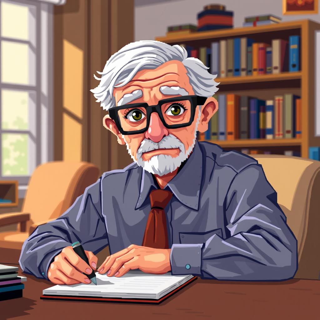 A pixel art representation of an older psychologist wearing stylish glasses, looking directly at us while sitting at a desk and taking notes on a notepad