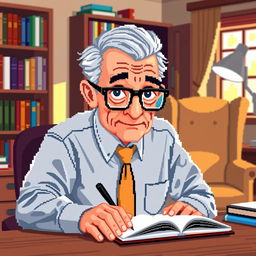 A pixel art representation of an older psychologist wearing stylish glasses, looking directly at us while sitting at a desk and taking notes on a notepad