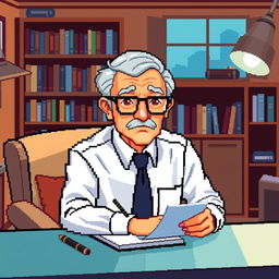 A pixel art representation of an older psychologist wearing stylish glasses, looking directly at us while sitting at a desk and taking notes on a notepad