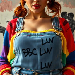 Close-up on the chest and torso of a gorgeous female with auburn hair styled in pigtails, wearing a colorful rainbow half sweater and a belly top that shows her midriff