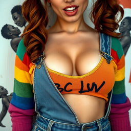 Close-up on the chest and torso of a gorgeous female with auburn hair styled in pigtails, wearing a colorful rainbow half sweater and a belly top that shows her midriff