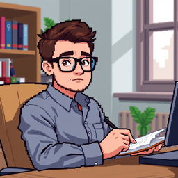 A pixel art representation of a 33-year-old male psychologist wearing stylish glasses, looking directly at us while sitting at a desk and taking notes on a notepad