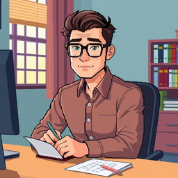 A pixel art representation of a 33-year-old male psychologist wearing stylish glasses, looking directly at us while sitting at a desk and taking notes on a notepad