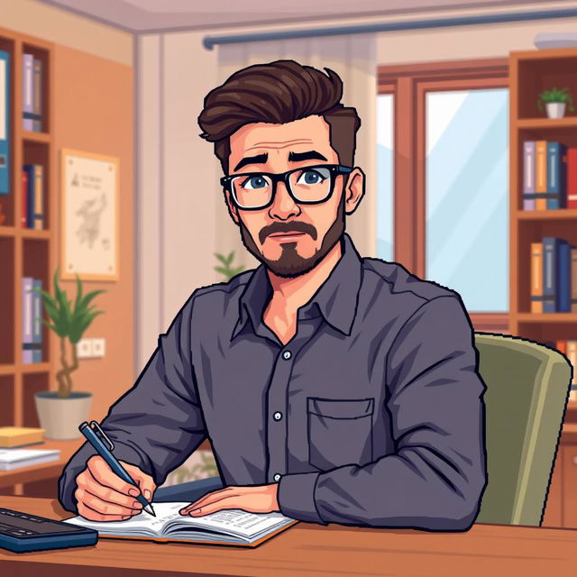 A pixel art representation of a 33-year-old male psychologist wearing stylish glasses, looking directly at us while sitting at a desk and taking notes on a notepad