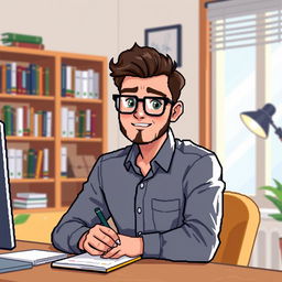 A pixel art representation of a 33-year-old male psychologist wearing stylish glasses, looking directly at us while sitting at a desk and taking notes on a notepad