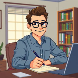 A pixel art depiction of a 33-year-old male psychologist wearing stylish glasses, looking directly at us while seated at a desk and jotting down notes on a notepad