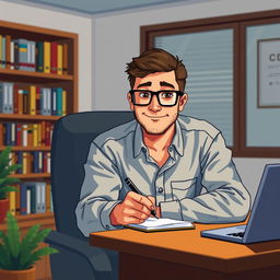 A pixel art depiction of a 33-year-old male psychologist wearing stylish glasses, looking directly at us while seated at a desk and jotting down notes on a notepad