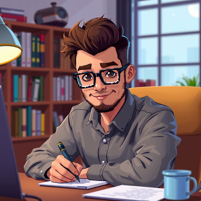 A pixel art depiction of a 33-year-old male psychologist wearing stylish glasses, looking directly at us while seated at a desk and jotting down notes on a notepad