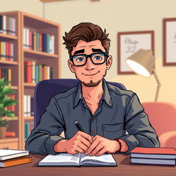 A pixel art depiction of a 33-year-old male psychologist wearing stylish glasses, looking directly at us while seated at a desk and jotting down notes on a notepad