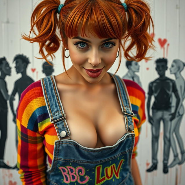 A striking close-up shot of a gorgeous female with vibrant auburn hair styled in playful pigtails