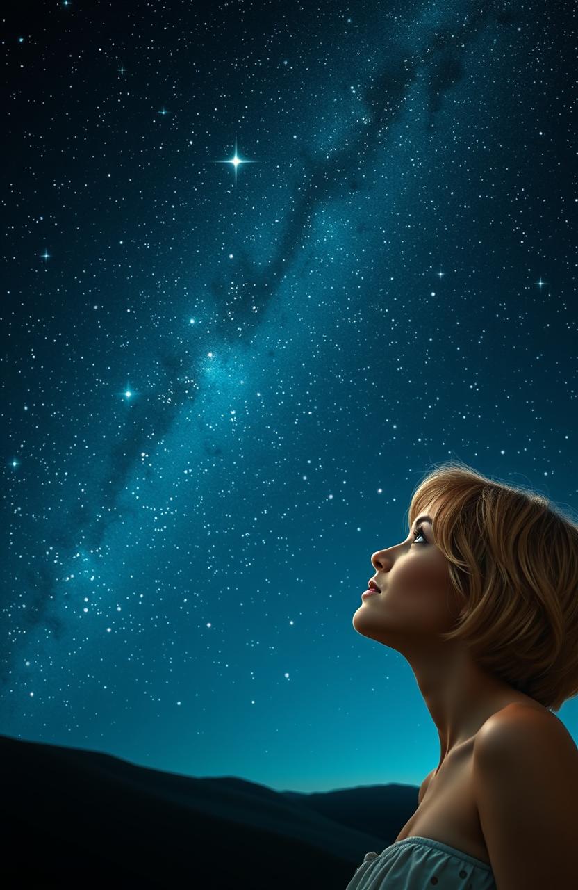 A stunning night sky filled with twinkling stars above a serene landscape, featuring a beautiful woman with short blonde hair