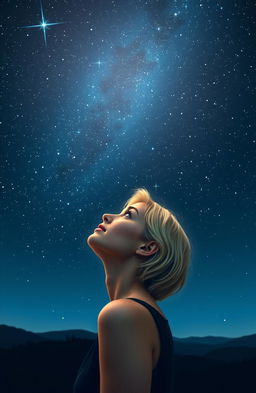 A stunning night sky filled with twinkling stars above a serene landscape, featuring a beautiful woman with short blonde hair