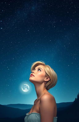 A stunning night sky filled with twinkling stars above a serene landscape, featuring a beautiful woman with short blonde hair