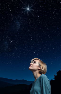 A stunning night sky filled with twinkling stars above a serene landscape, featuring a beautiful woman with short blonde hair