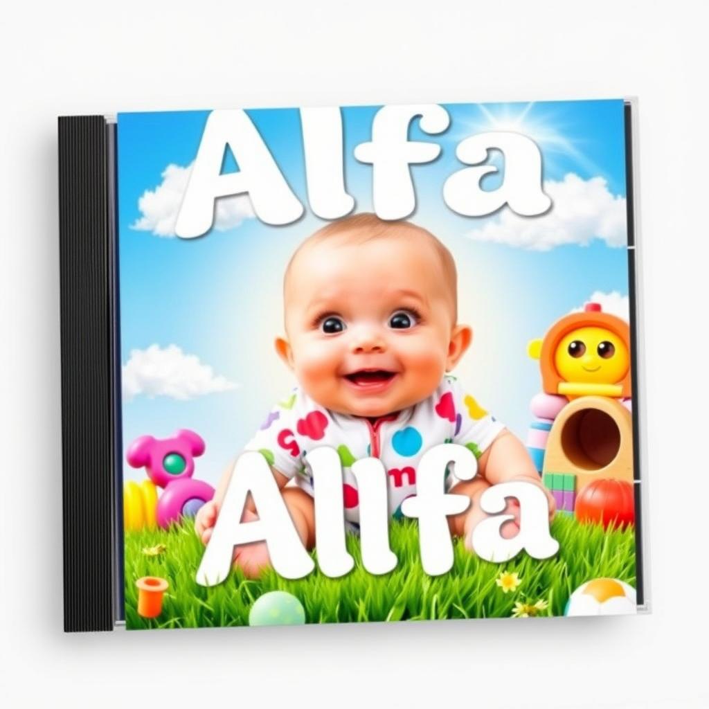 A whimsical and vibrant album cover featuring a cute, chubby baby sitting on the grass