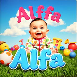 A whimsical and vibrant album cover featuring a cute, chubby baby sitting on the grass