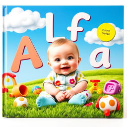 A whimsical and vibrant album cover featuring a cute, chubby baby sitting on the grass