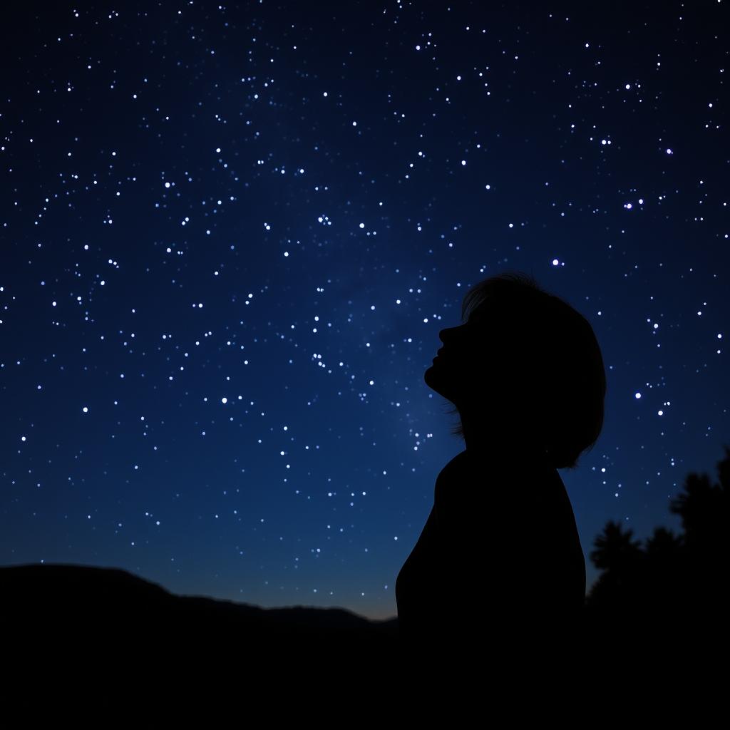 A captivating night sky filled with sparkling stars, with the shadow of a woman with short blonde hair prominently displayed against a serene landscape