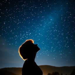 A captivating night sky filled with sparkling stars, with the shadow of a woman with short blonde hair prominently displayed against a serene landscape