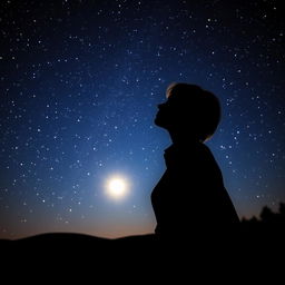 A captivating night sky filled with sparkling stars, with the shadow of a woman with short blonde hair prominently displayed against a serene landscape