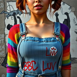 A stunning close-up shot of a gorgeous female with auburn hair styled in pigtails, wearing a vibrant rainbow half sweater and a belly top that accentuates her midriff