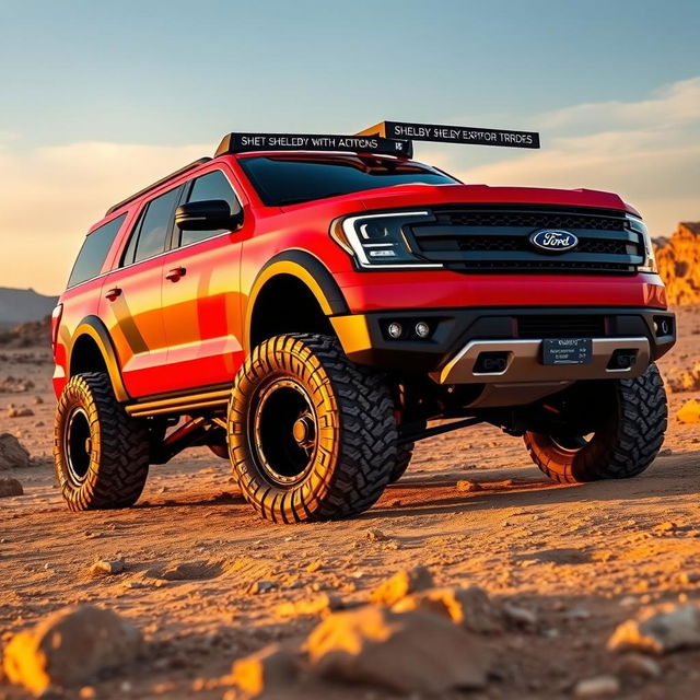 A custom Shelby Baja-inspired vehicle merged with a Ford Expedition Tremor, showcasing a rugged design with bold Shelby stripes, raised suspension, oversized off-road tires, and a powerful grille