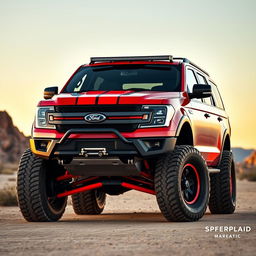 A custom Shelby Baja-inspired vehicle merged with a Ford Expedition Tremor, showcasing a rugged design with bold Shelby stripes, raised suspension, oversized off-road tires, and a powerful grille