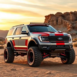 A custom Shelby Baja-inspired vehicle merged with a Ford Expedition Tremor, showcasing a rugged design with bold Shelby stripes, raised suspension, oversized off-road tires, and a powerful grille