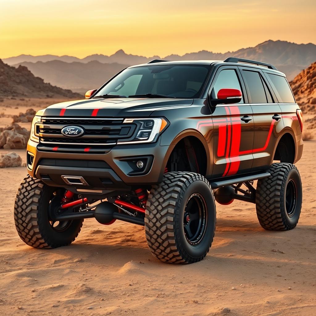 A custom Shelby Baja-inspired vehicle merged with a Ford Expedition Tremor, showcasing a rugged design with bold Shelby stripes, raised suspension, oversized off-road tires, and a powerful grille