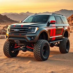 A custom Shelby Baja-inspired vehicle merged with a Ford Expedition Tremor, showcasing a rugged design with bold Shelby stripes, raised suspension, oversized off-road tires, and a powerful grille