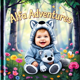 A whimsical and colorful book cover featuring a baby dressed in an adorable alpha wolf costume, complete with fluffy ears and a fluffy tail