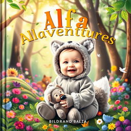 A whimsical and colorful book cover featuring a baby dressed in an adorable alpha wolf costume, complete with fluffy ears and a fluffy tail