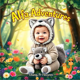 A whimsical and colorful book cover featuring a baby dressed in an adorable alpha wolf costume, complete with fluffy ears and a fluffy tail