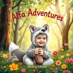 A whimsical and colorful book cover featuring a baby dressed in an adorable alpha wolf costume, complete with fluffy ears and a fluffy tail