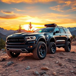 A stunning Dodge TRX showcased alongside a Ford Expedition Tremor in a rugged outdoor setting