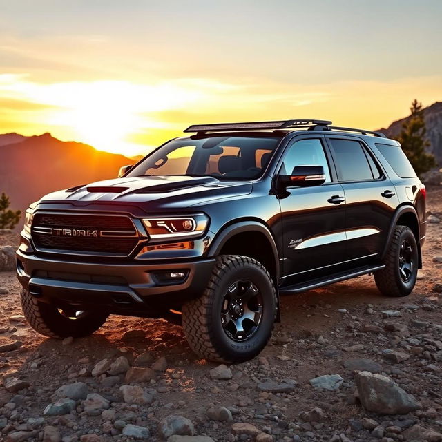 A stunning Dodge TRX showcased alongside a Ford Expedition Tremor in a rugged outdoor setting