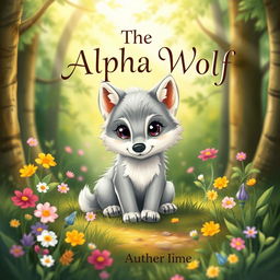 A whimsical and enchanting book cover featuring a cute baby wolf with big, expressive eyes sitting playfully in a lush, green forest