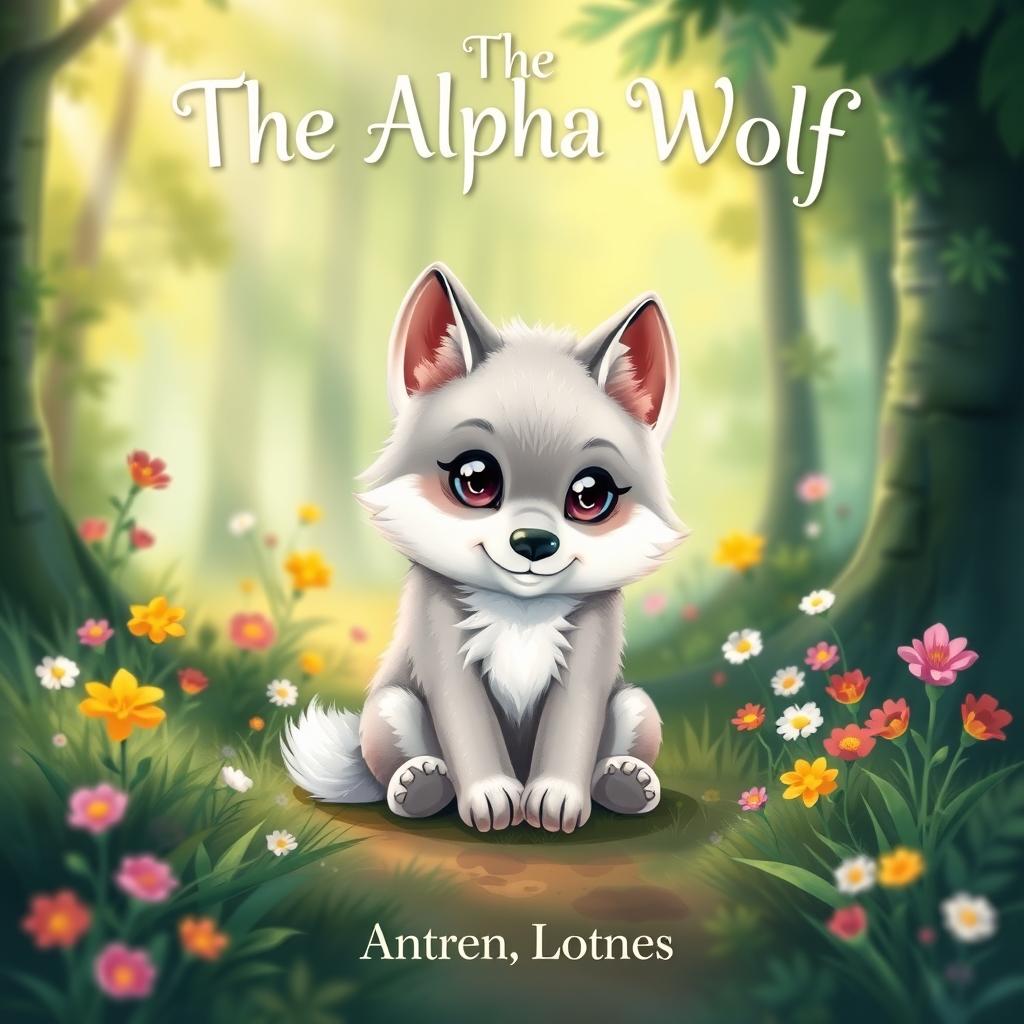 A whimsical and enchanting book cover featuring a cute baby wolf with big, expressive eyes sitting playfully in a lush, green forest