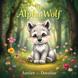 A whimsical and enchanting book cover featuring a cute baby wolf with big, expressive eyes sitting playfully in a lush, green forest