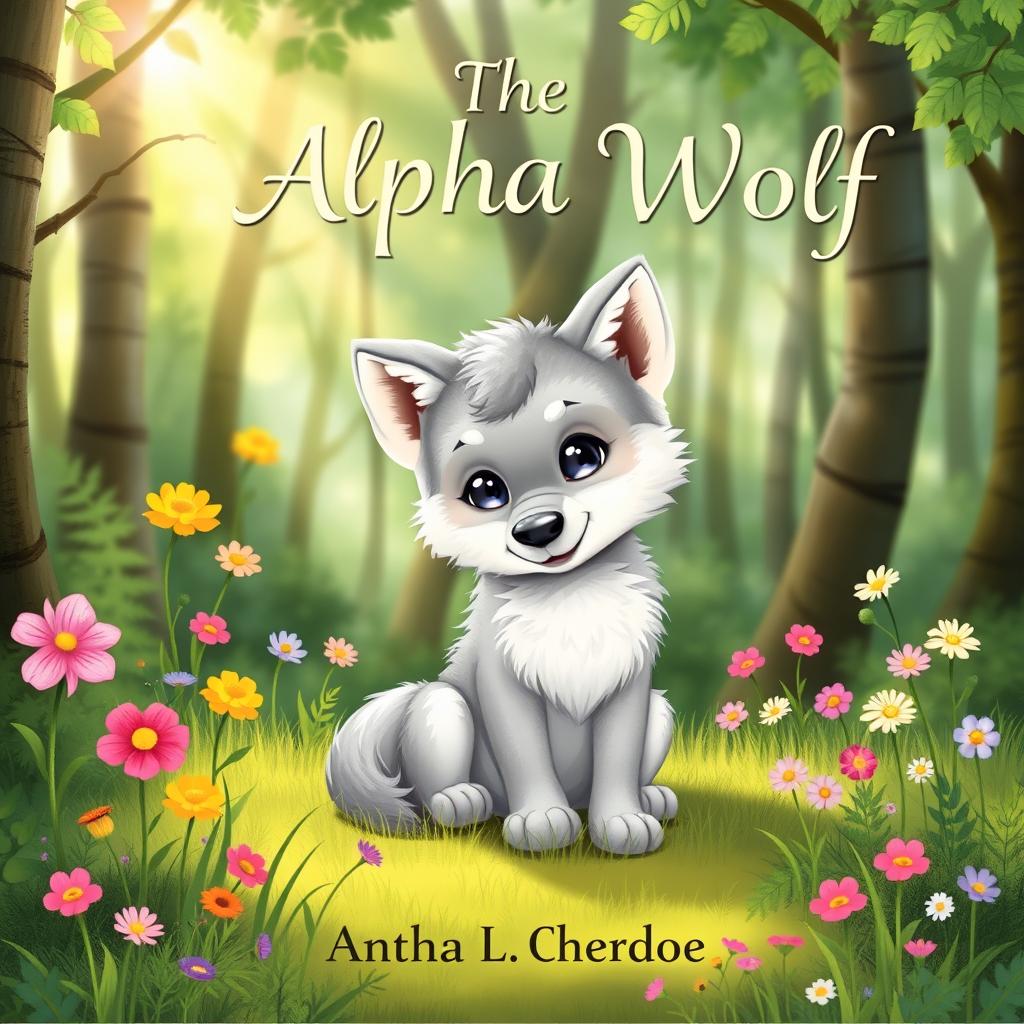 A whimsical and enchanting book cover featuring a cute baby wolf with big, expressive eyes sitting playfully in a lush, green forest