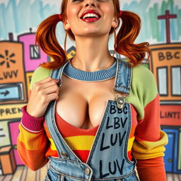 A gorgeous female with auburn hair styled in playful pigtails, wearing a colorful rainbow half sweater that shows off her midriff