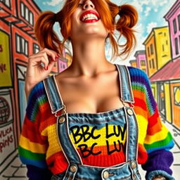 A gorgeous female with auburn hair styled in playful pigtails, wearing a colorful rainbow half sweater that shows off her midriff